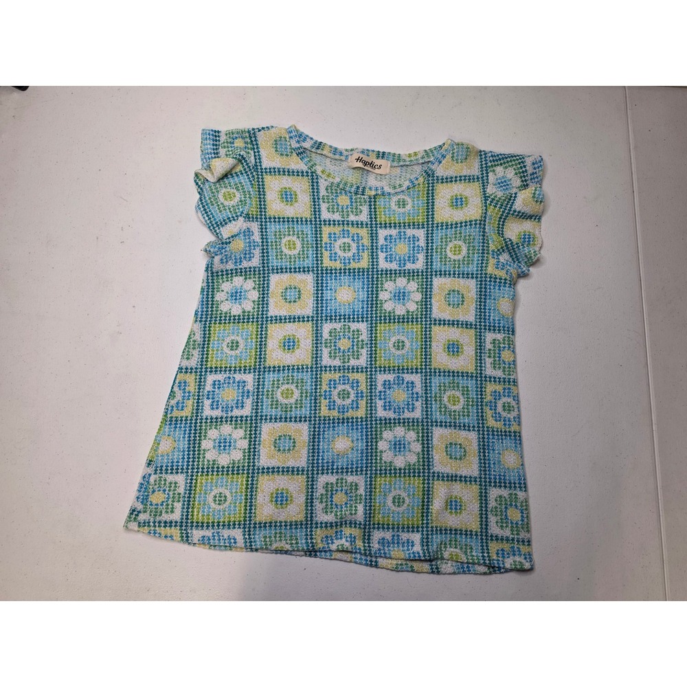 Haptics by Holly Harper Women Blue Green Floral Grid Flutter Sleeve Knit Top
